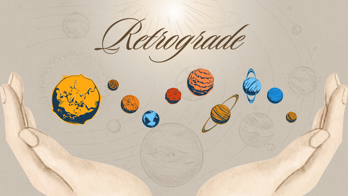 Which retrograde affects relationships most shown as a couple sitting apart under a shifting evening sky