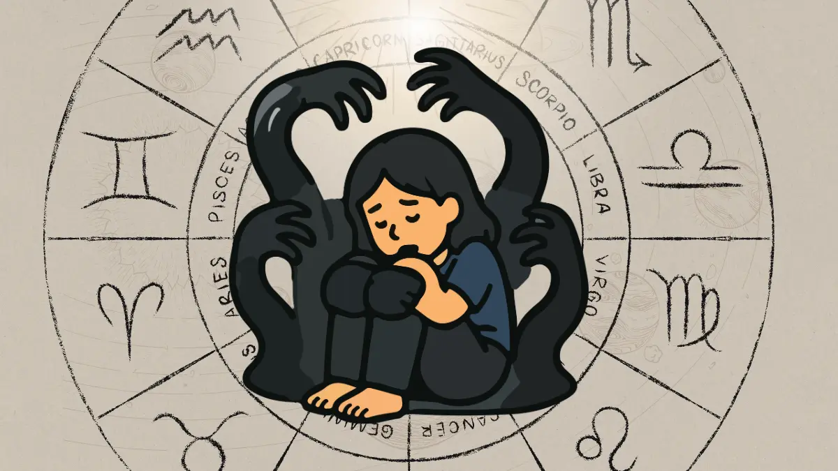 Attachment styles and zodiac signs shown as two people close but subtly turned from each other